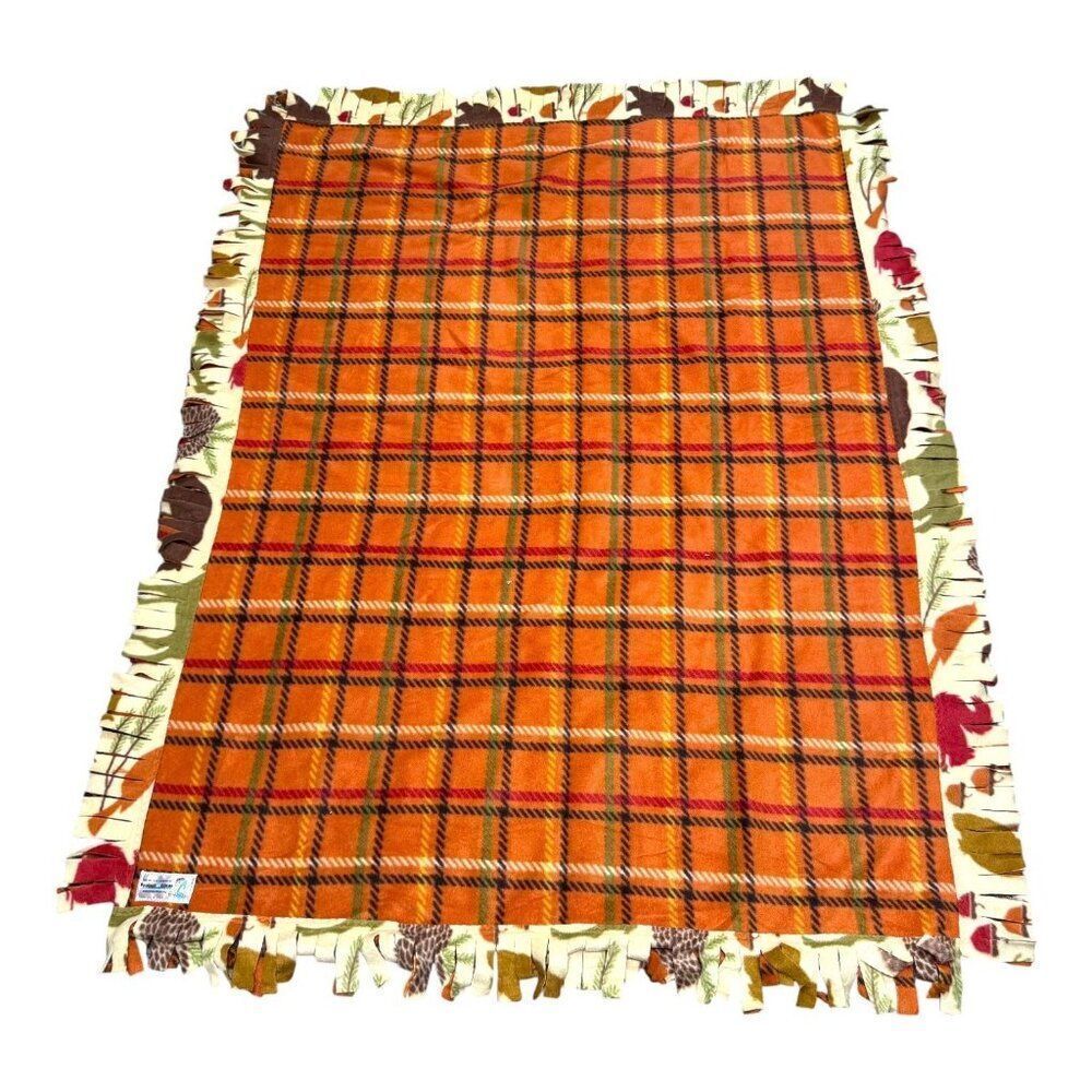 Project Linus Handmade Fleece Blanket With Noahs Ark Fringe Orange Plaid 55x 41